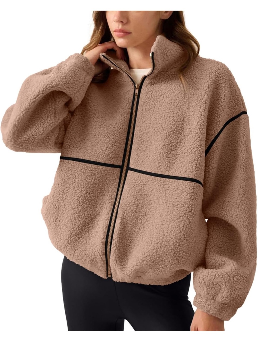 Brand New Women's Taupe Sherpa Zip-Up Jacket
